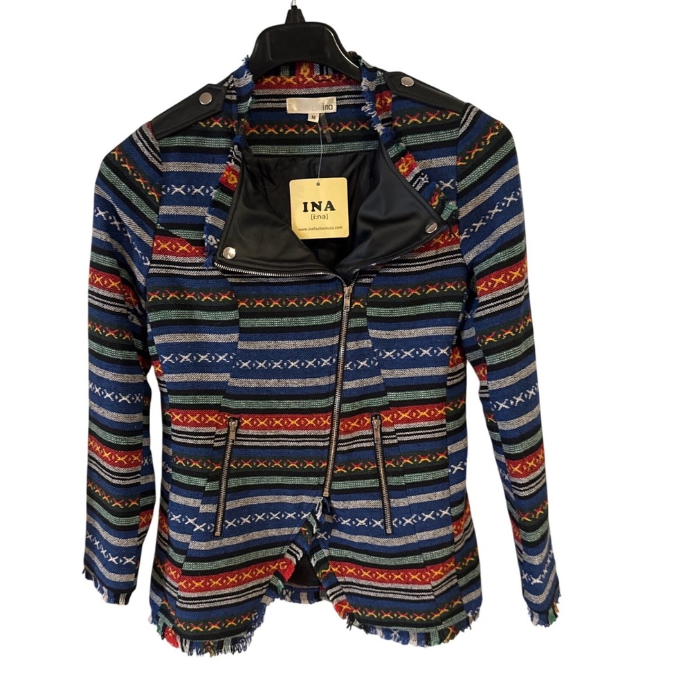 INA Women M MultiBlue Woven Moto Jacket Faux Leather Trim Boho Southwestern NEW